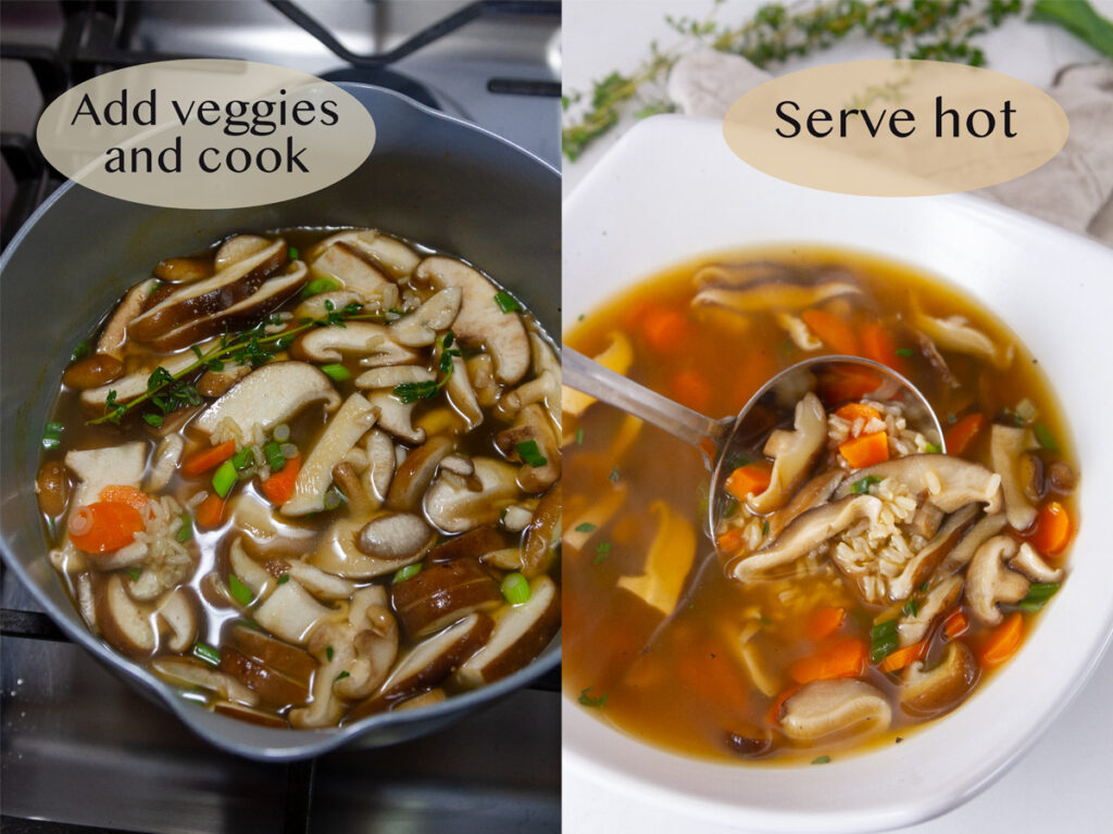 how to make this veggie soup: veggies added to pot on left, and serving soup on right