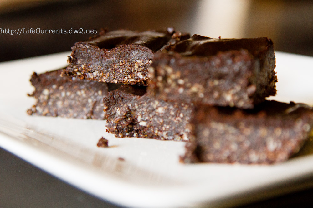 Double Layer Carob Fudge Bites | Life Currents chocolaty bars stacked on top of each other.