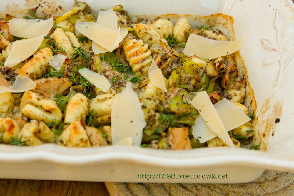 The casserole in a baking dish.