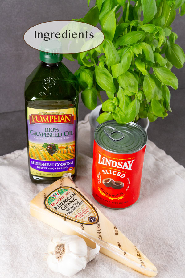 ingredients for black olive tapenade.