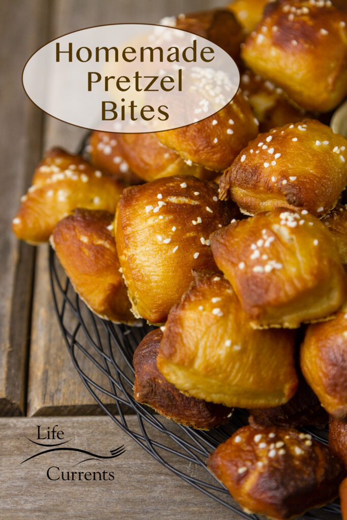 pretzel bites on a tray, with the title on image