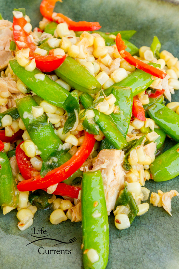 Fresh Snap Pea and Corn Saut&eacute; with Island Trollers Tuna