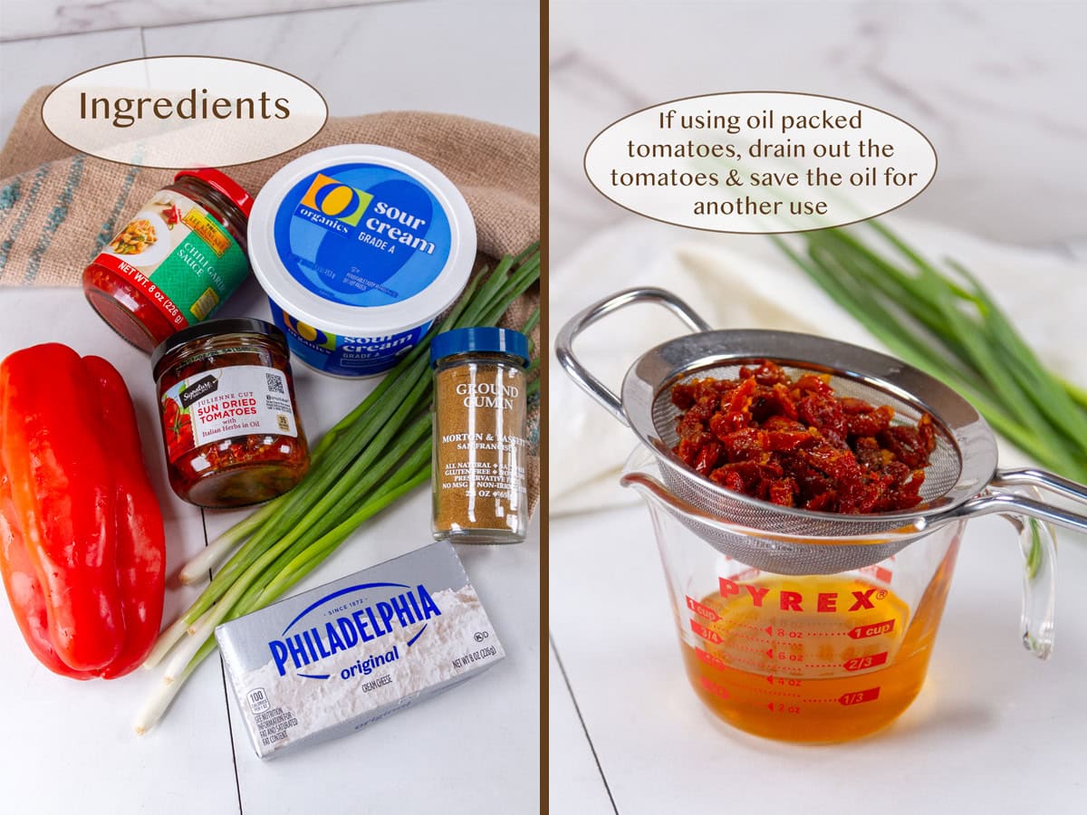dip ingredients on left and draining sun dried tomatoes on right.