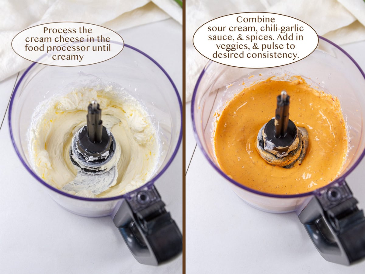 cream cheese in a food processor on left and with veggies added on right.