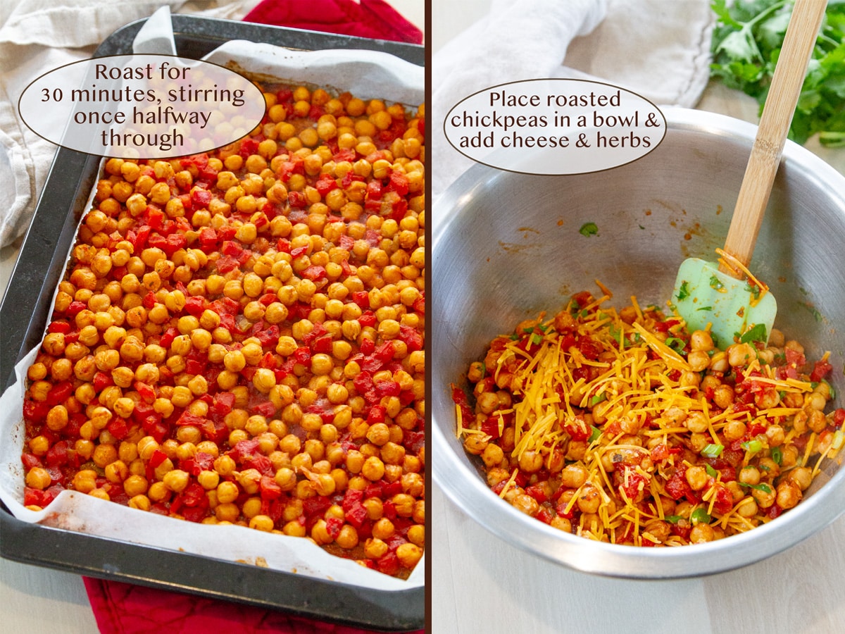 cooked garbanzo beans on left and added to a bowl on right with cheese and herbs.