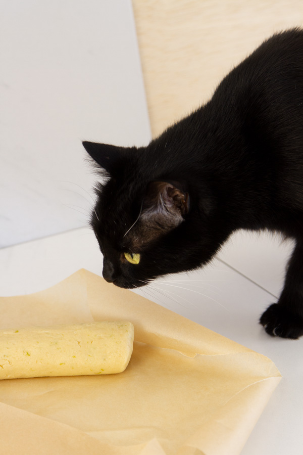 a black cat sniffing cookie dough.