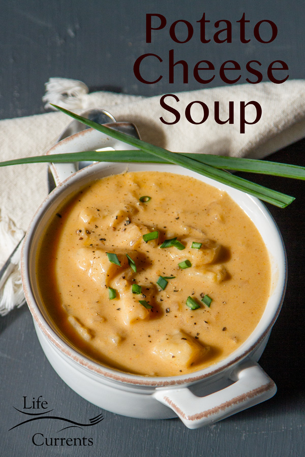 Copycat Marie Callender's Potato Cheese Soup. Smooth and creamy, full of cheesy flavor. This easy to make soup is one of my favorites. And you don't have to go out to eat it! Potato cheese soup in a white bowl with a white napkin on a grey background