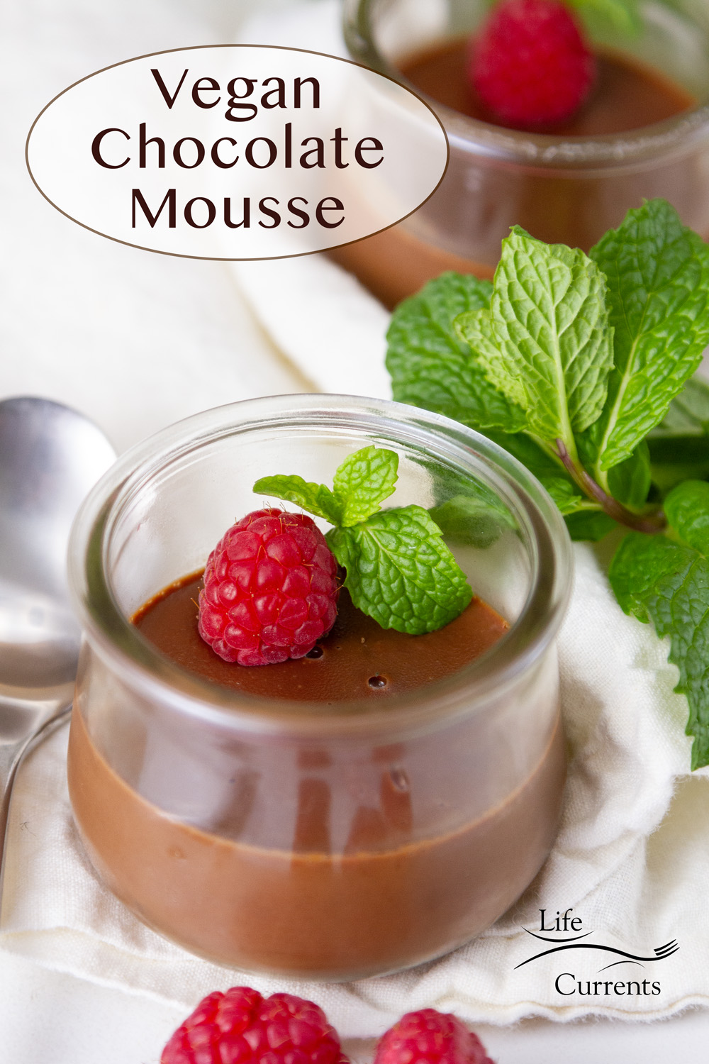 Vegan Chocolate Mousse in a small glass jar topped with a raspberry and some fresh mint, title in upper left.