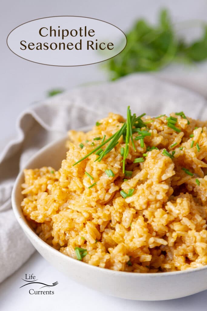 a white bowl filled with spiced rice and the title of the recipe in the upper left: Chipotle Seasoned Rice.