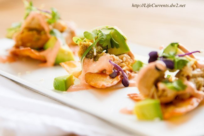 Island Jalapeno Albacore Tuna Poke on Baked Won Ton Wrappers by Life Currents Poke on Baked Won Ton Wrappers garnished with avocado and microgreens.