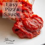 a glass jar tipped on the side and spilling out red thick pizza sauce, title in upper left "Easy Pizza Sauce".