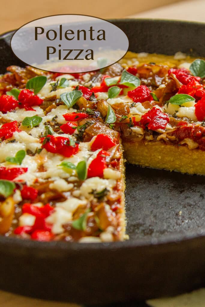 a thick crust pizza in a cast iron skillet, title in upper left: Polenta Pizza.