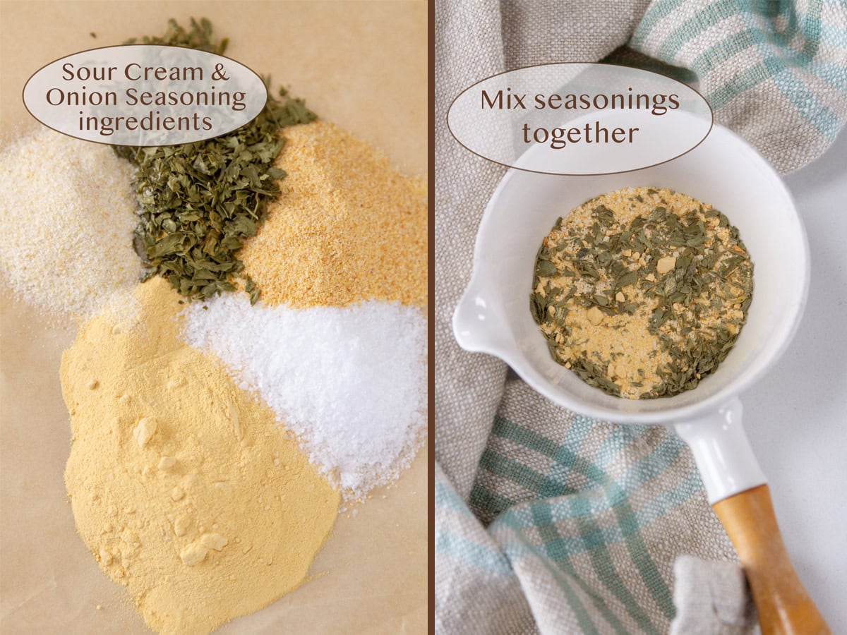 seasonings in a pile on left and mixed in a dish on right.