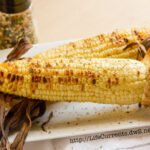 corn on the cob, grilled, with the husks on.