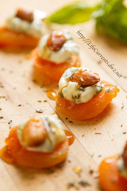 Apricots with Basil-Cream Cheese and Almonds are a great snack, appetizer, or a wonderful addition to Tapas night! by Life Currents 