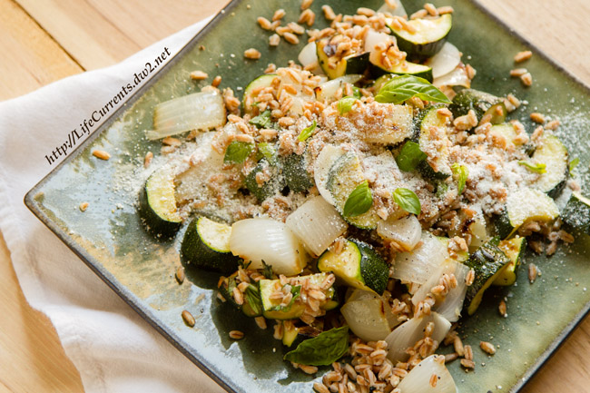 Farro with Grilled Zucchini Ricotta Salata and Basil is a great summer side dish with lots of flavor and veggie goodness 