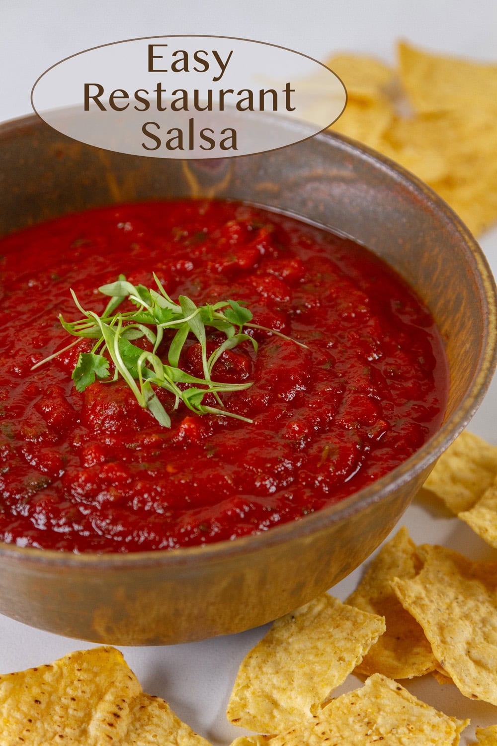 a brown bowl filled with salsa topped with cilantro sprouts and tortilla chips around the bowl.