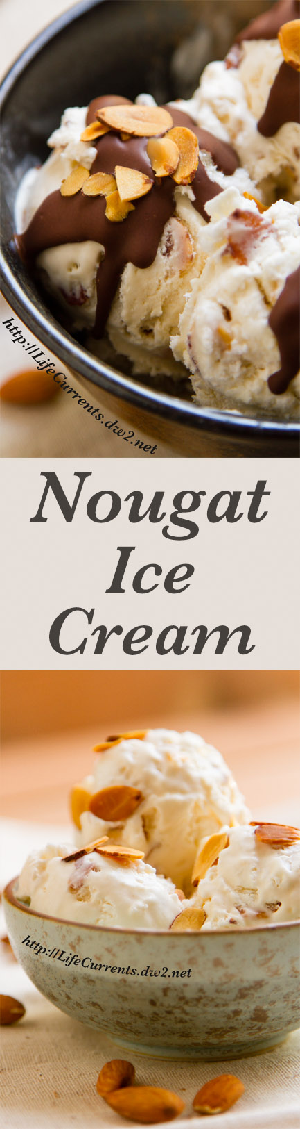 Almond Nougat Ice Cream Recipe Long pin with two images, top: with magic shell chocolate drizzle and bottom: in a blue bowl