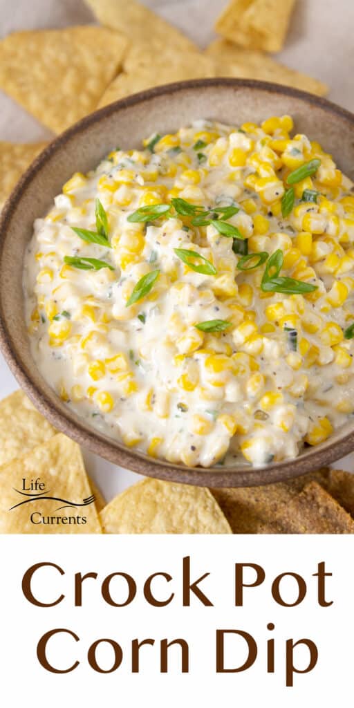 Looking down into a bowl filled with creamy corn dip, title underneath: Crock Pot Corn Dip.