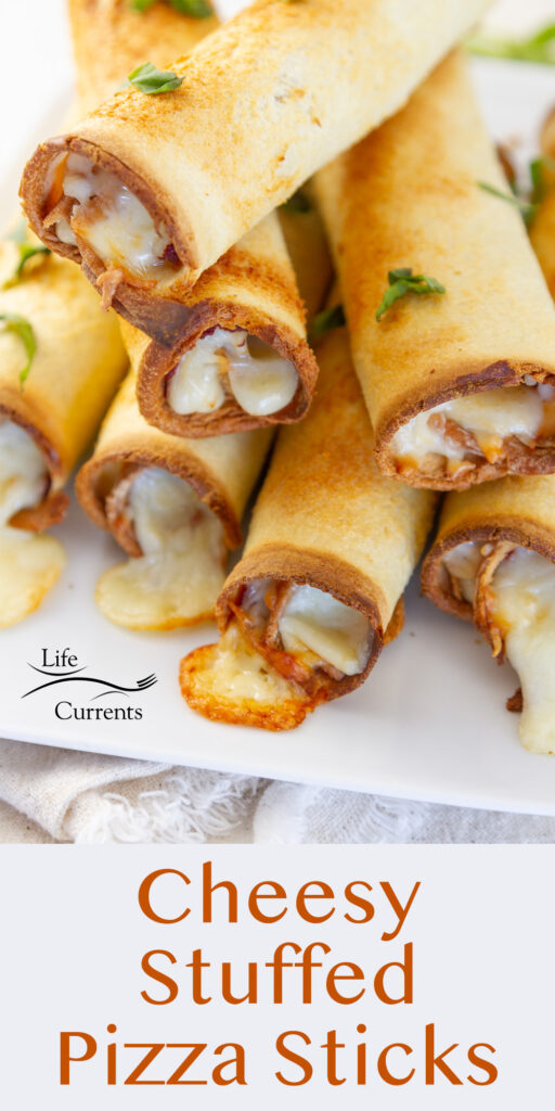 Pizza roll-ups stacked on top of each other on a white plate, title on bottom: Cheesy Stuffed Pizza Sticks.