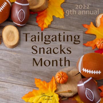 a wooden background with fall leaves, footballs, small pumpkins, and wooden disks around, text saying "Tailgating Snacks Month 2022 9th annual.