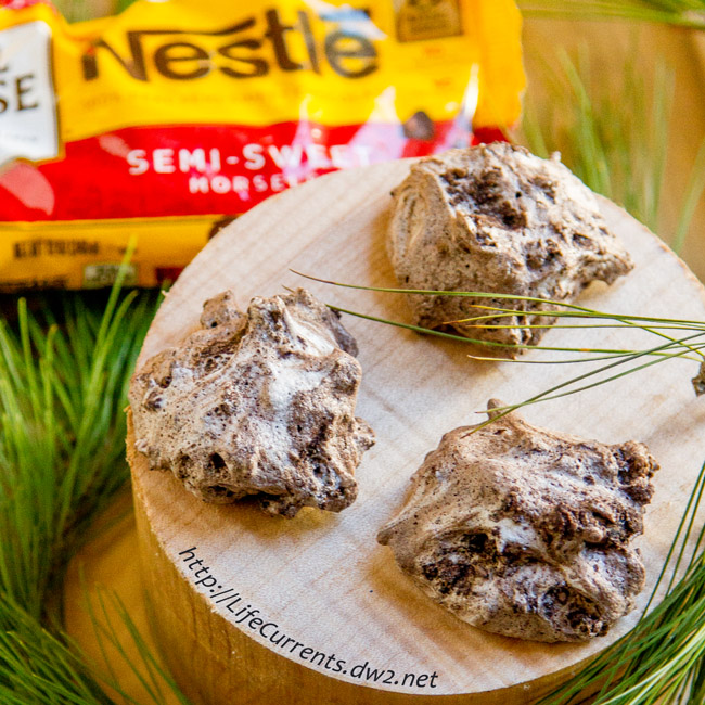three cookies on a wooden tray with a package of chocolate chips and pine boughs around.