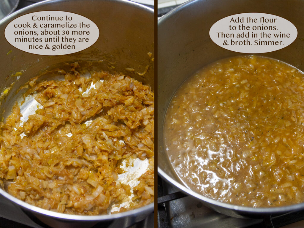 a large pot filled with caramelized onions, both on left and on right.