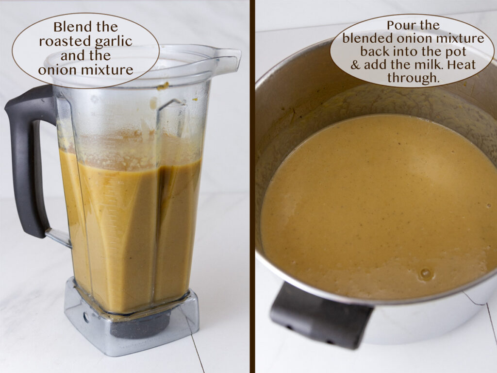 soup in the bowl of a blender on left, soup in a pot on right.