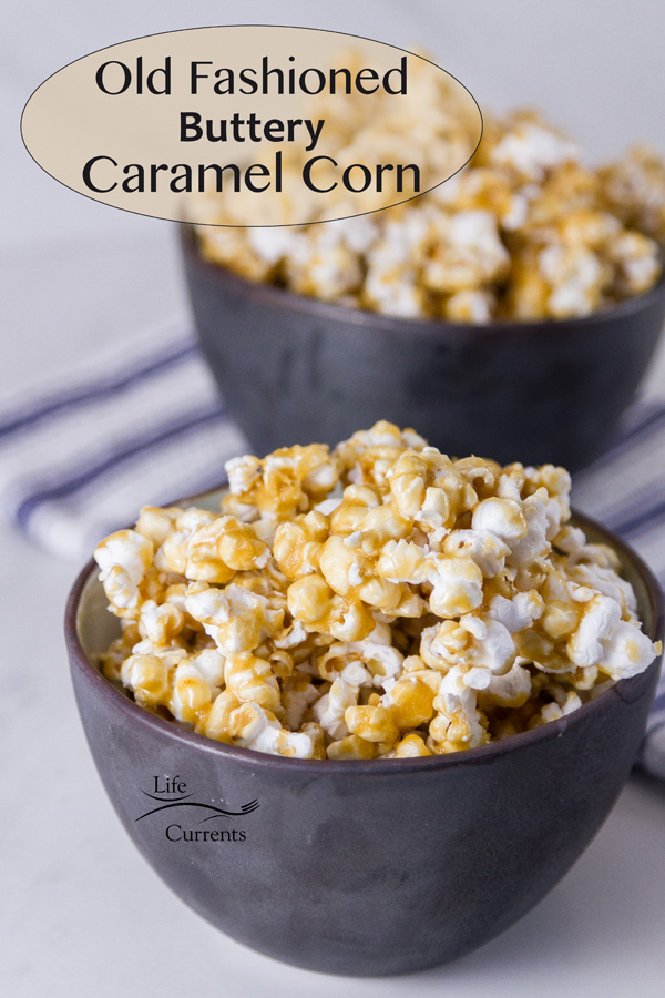 two bowls of caramel corn with the title on the image
