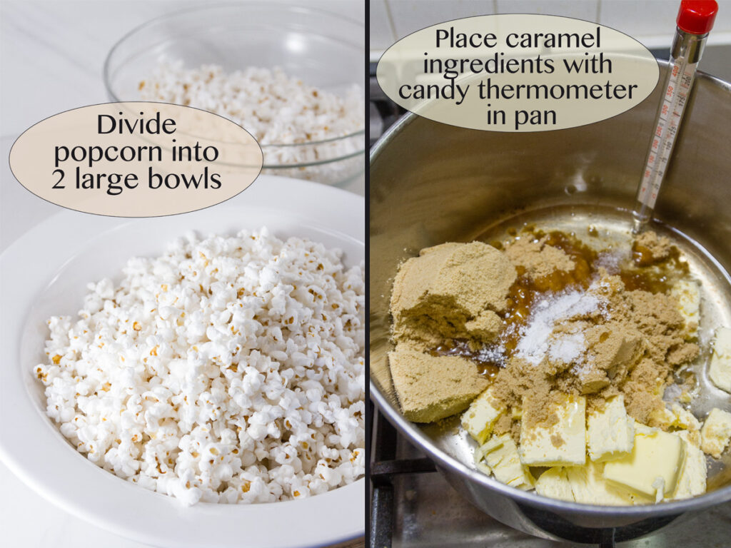 process shots for how to make caramel corn: popped corn and caramel ingredients