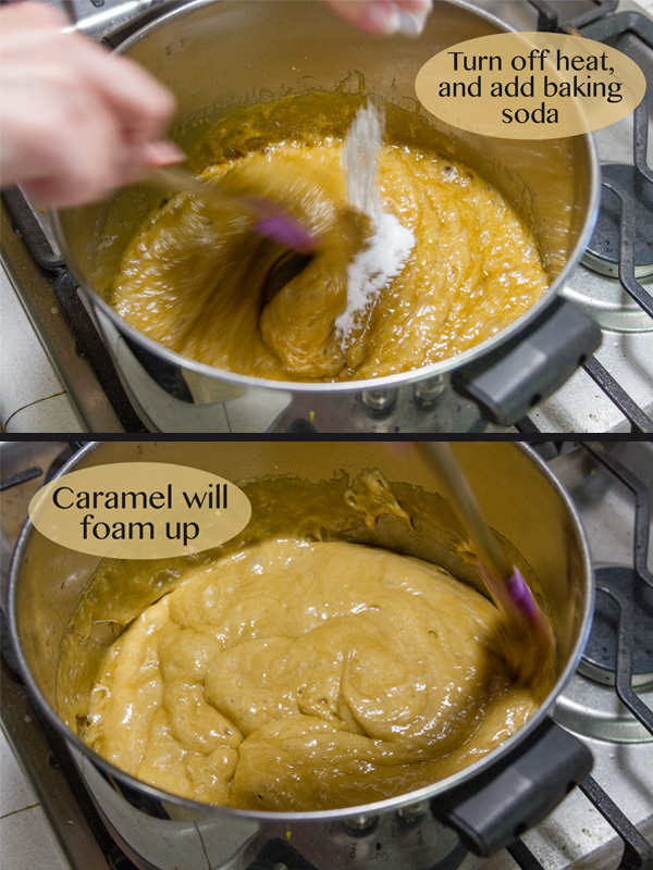 adding the baking soda to the pan of caramel