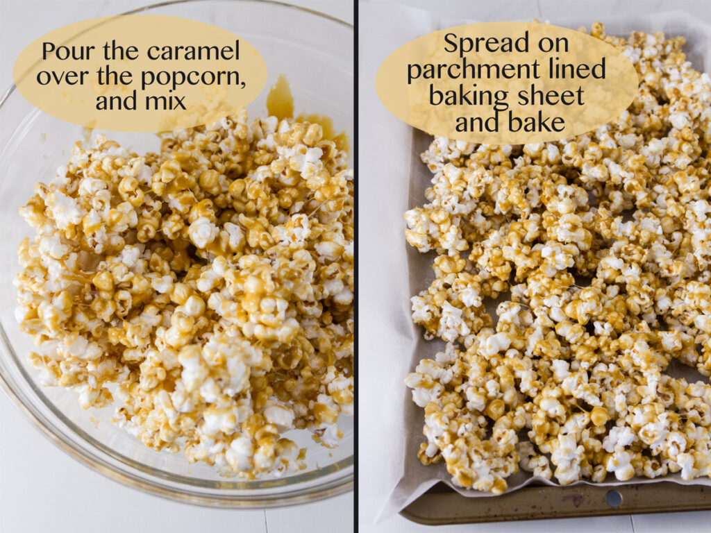mixing the caramel into the popped corn