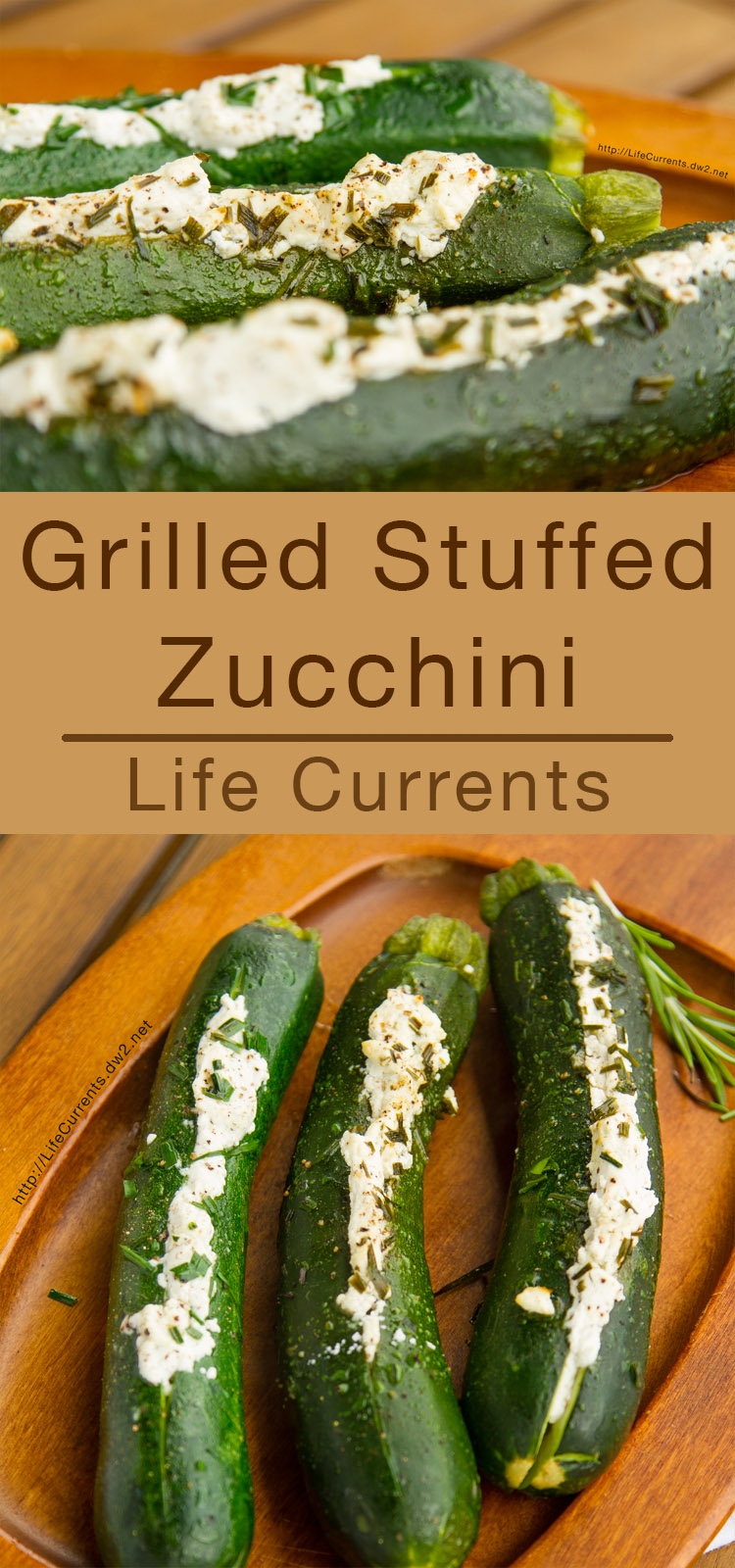 Grilled Stuffed Zucchini - long pin for pinterest with two images of zucchini stuffed with goat cheese and herbs on a wooden serving platter 