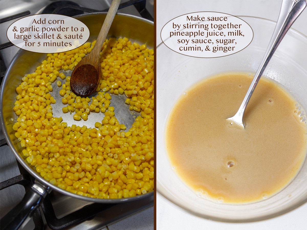 cooking corn in a skillet with a wooden spoon in it on left, and sauce in a glass bowl with a spoon on right.