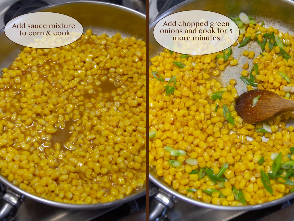 corn with sauce in a skillet on left and with added green onions on right.