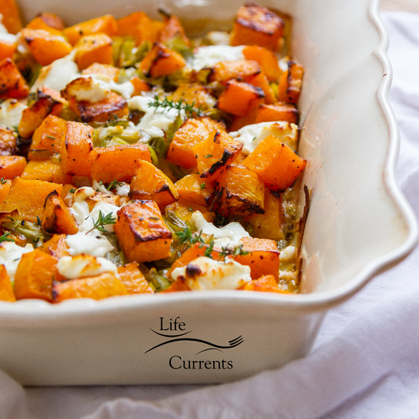 Butternut Squash Gratin Casserole square crop in casserole dish