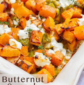 Vertical crop Butternut Squash Gratin Casserole with title