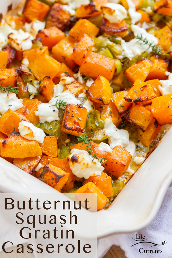 Vertical crop Butternut Squash Gratin Casserole with title