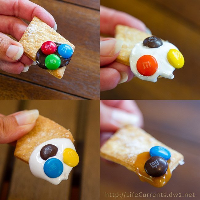 Football Party Dessert Spread including Pie Crust Cookies with M&M'S® Brand Milk / Peanut Chocolate Candies Game Day Mix - this is the perfect easy way to entertain during football season collage of 4 images with cookies dipped in sauces and M&Ms.