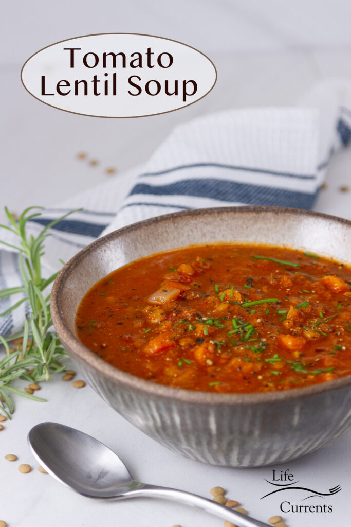 A bowl of tomato lentil soup with a spoon, some fresh herbs, and a blue striped towel.
