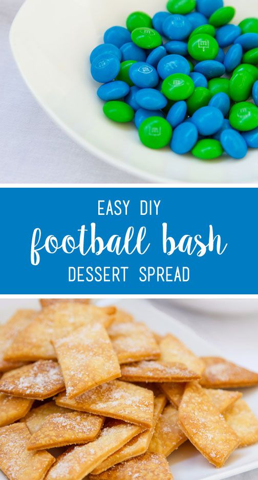 Football Party Dessert Spread including Pie Crust Cookies with M&M'S® Brand Milk / Peanut Chocolate Candies Game Day Mix M&Ms in a dish and pie crust cookies in a second dish.