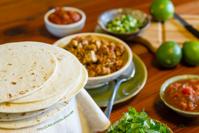 How to Host an Awesome Taco Bar Party with Recipes - Tacos Bars are a fun & informal parties that accommodate a variety of diets & tastes. taco bar with tortillas, salsa, all the fillings on the bar.