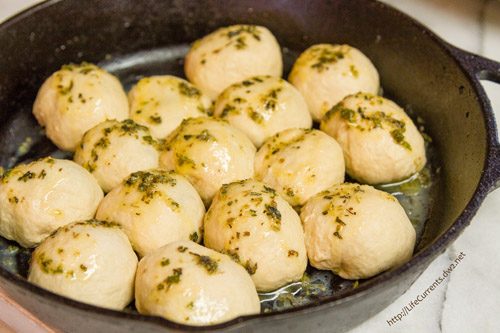 Skillet Pizza Bombs - here are the rolls all placed in the skillet and ready to go in the oven 
