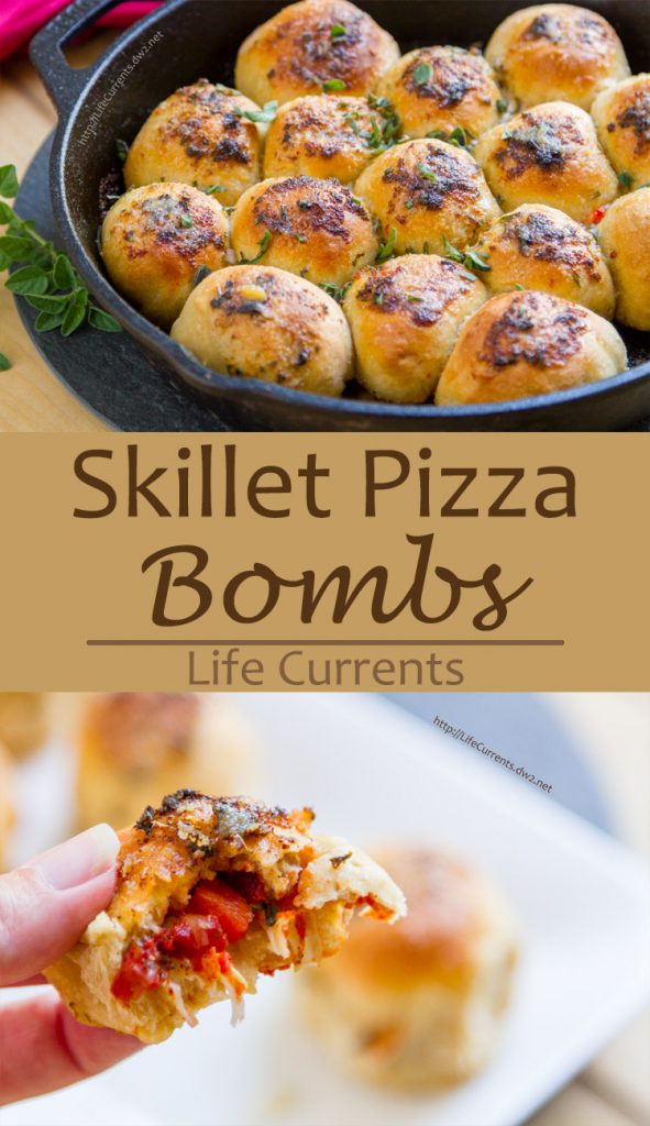 These Skillet Pizza Bombs are so much fun! Soft rolls of pizza dough surrounding your favorite pizza fillings, baked to pizza-goodness, and topped with garlic herb butter. Yum! These didn't last long in our house, that's for sure!