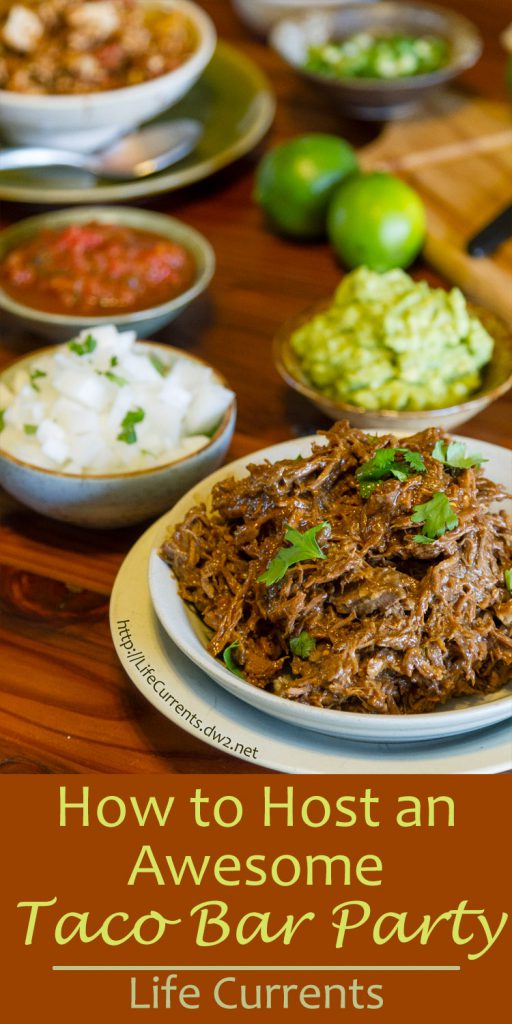 title on image, and a taco bar party spread on the table
