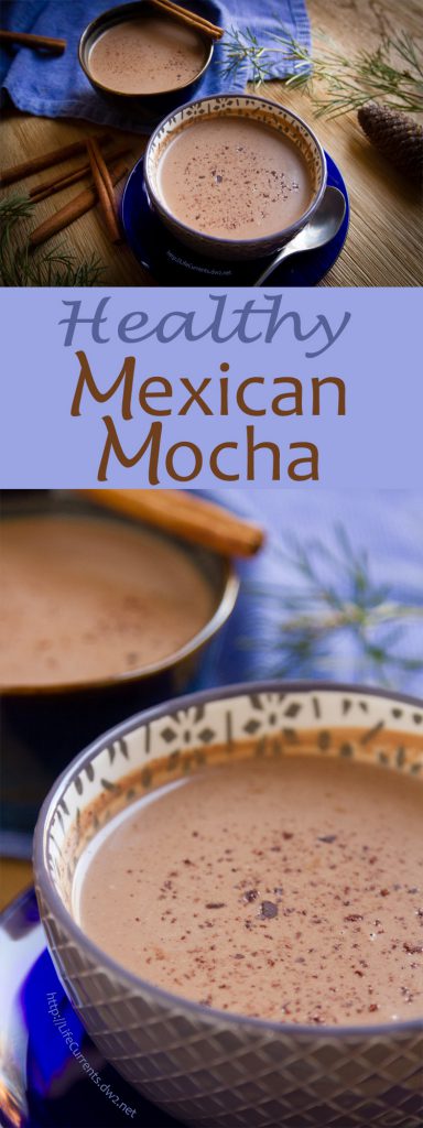 two images of a Mexican mocha in a blue cup.