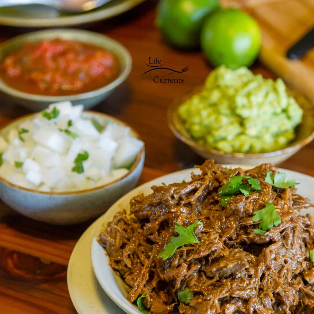 a taco bar with carne asada, onions, guacamole, salsa, and limes.