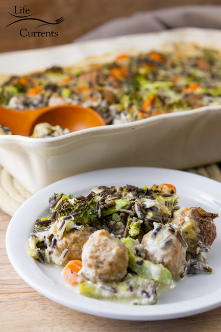Broccoli Wild Rice Casserole - Creamy sauce, nutty wild rice, earthy broccoli, Hearty meatballs - Oh this casserole is so yummy! Your family will love it! 