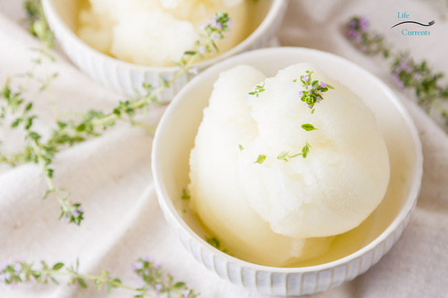 Sorbet in a white dish with fresh green herbs on top.