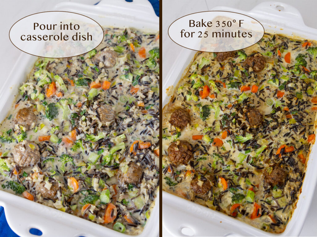 make the casserole: pout the mixture in the casserole dish, bake.